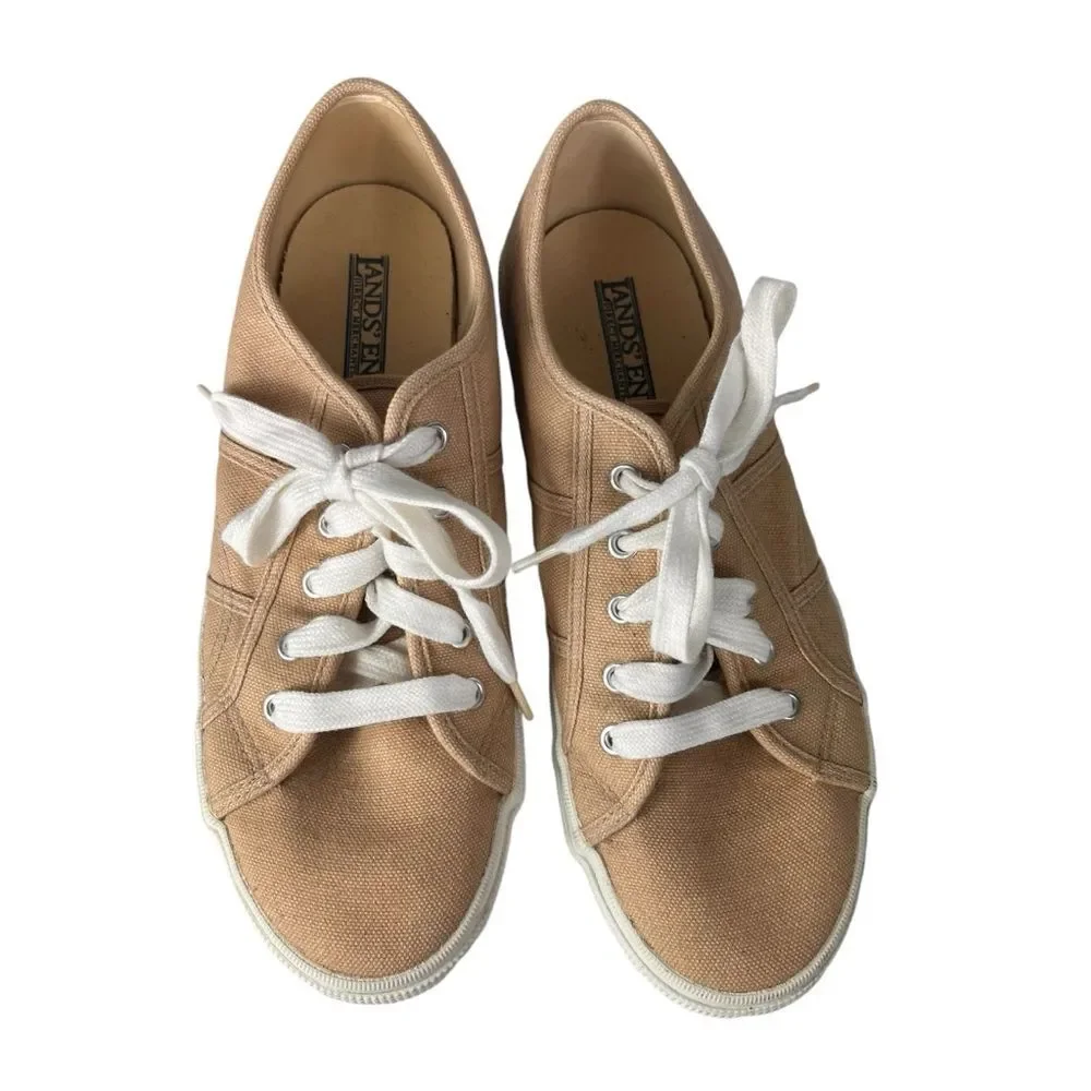 Lands End Tan Canvas Sneakers Women's 9.5 B Style 42532 Lace Up Classic Summer